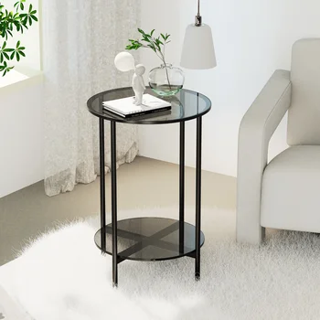 2-слойный круглый журнальный столик, стеклянный простой современный центральный столик для гостиной и семейного использования, приставной столик для дивана с металлическим