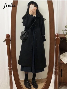 Женское пальто Зимнее Корейское модное утолщенное шерстяное зимнее пальто с длинным покрытием для женщин, черное пальто в стиле Харадзюку