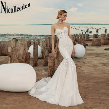 Классическое свадебное платье Nicolle Mermaid Для невесты с открытой спиной и аппликацией; Шлейф без бретелек; Тюлевое платье без рукавов; Vestidos De Novia