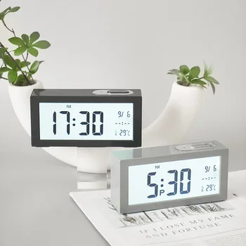 Будильник, отображение температуры и даты, Повтор, Простые маленькие часы с датчиком, прикроватные настольные студенческие часы с большим ЖК-экраном