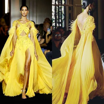 Ярко-желтое платье для выпускного вечера трапециевидной формы с накидкой, вечерние платья из бисера и перьев, сексуальная одежда для вечеринок с перекрестным вырезом и разрезом сбоку, на шнуровке сзади, сшитая на заказ