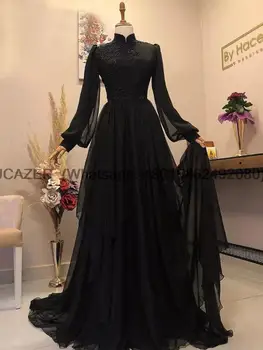 Элегантные черные мусульманские вечерние платья Трапециевидные шифоновые плиссированные арабские вечерние платья для выпускного вечера для женщин, вечернее платье с длинным рукавом