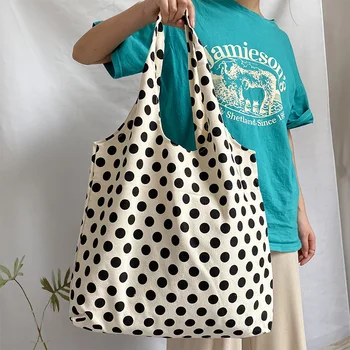 Женская холщовая сумка через плечо, повседневная женская сумка в горошек, многоразовая хлопковая сумка для покупок, пляжная сумка для путешествий большой емкости