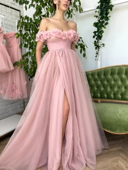 Элегантное вечернее платье с цветами ручной работы с открытыми плечами, розовое бальное платье из тюля, платья для выпускного вечера для женщин