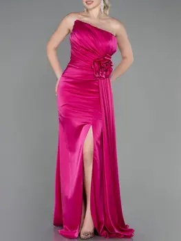 Атласное плиссированное вечернее платье без рукавов с неправильным вырезом и 3D цветочной аппликацией спереди, разрезной женский халат для официальных мероприятий