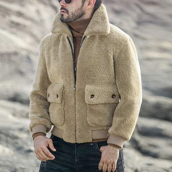 Новая мужская шерстяная куртка Осенне-зимняя куртка из овечьего флиса с откидным воротником на молнии, модное пальто из утолщенного плюша для мужчин