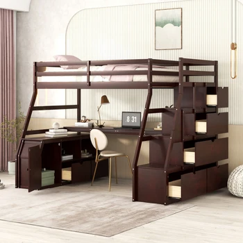 Кровать-чердак Twin Size с 7 выдвижными ящиками, 2 полками и письменным столом, легко монтируется для мебели для спальни в помещении