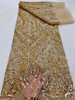 Расшитая бисером кружевная ткань 2023 Для свадебного платья Французская тюлевая сетка с блестками Роскошные Тяжелые хрустальные бусины ручной работы Red Dubai Bridal 5 ярдов