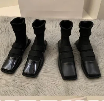 Новые модные черные женские эластичные ботинки, обувь с квадратным носком, модные простые и универсальные короткие ботинки без застежки, женские ботильоны