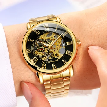 Forsining, мужские часы с золотым скелетоном, механические наручные часы, светящиеся стрелки, Сетчатый ремешок из нержавеющей стали, классические часы