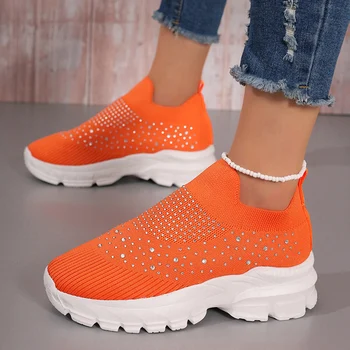 Модные женские кроссовки с кристаллами 2023, нескользящая спортивная обувь на толстой подошве, женские дышащие трикотажные кроссовки на платформе, большие размеры