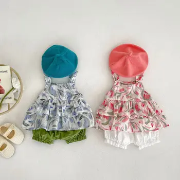 2023 Ins, Летний комплект одежды из 2 предметов для маленьких девочек, хлопковые топы с цветочным принтом, однотонные шорты-фонарики, костюм для маленьких девочек