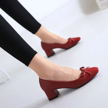 Женская обувь 2023, брендовые женские туфли-лодочки без застежки, осенние модные ботинки на среднем каблуке с квадратным носком и узлом-бабочкой
