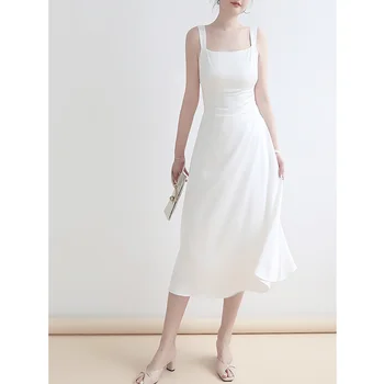 Белое платье с квадратным вырезом во французском стиле, женское платье с тонкой талией, закрывающее живот, платье трапециевидной формы средней длины