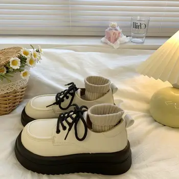 Маленькие кожаные туфли Muffin с толстой подошвой, женские весенне-осенние новые белые универсальные туфли JK с круглым носком в британском стиле на шнуровке.