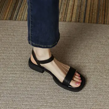 Летние женские босоножки на низком каблуке, Базовая офисная женская повседневная уличная обувь из натуральной кожи, лаконичная Женская обувь 2023