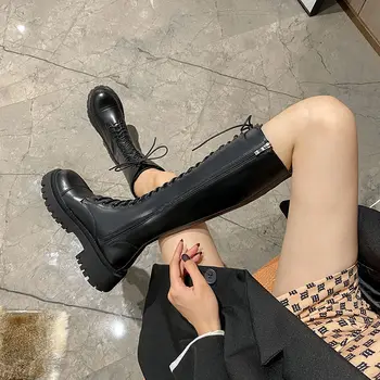Женские высокие сапоги на платформе, осень-зима 2023, массивная обувь в британском стиле, готическая дизайнерская черная обувь на молнии