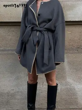 Модное серое шерстяное пальто С поясом, женское однобортное длинное пальто с круглым вырезом и длинным рукавом, Осень-зима 2023, Женская уличная одежда