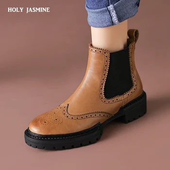 2023 Новые осенние ботинки, женские ботинки из натуральной кожи, женские ботинки с круглым носком на толстом каблуке, Зимние черные ботинки 