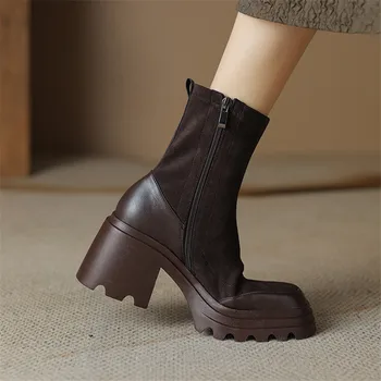 2023 Новые осенние женские ботинки с квадратным носком, сапоги на массивном каблуке для женщин, короткие сапоги, зимние ботинки, женская обувь на платформе на высоком каблуке
