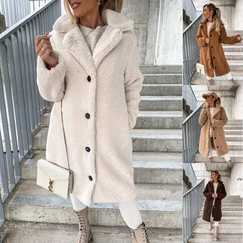 Женское теплое пальто, зимние смеси искусственной шерсти, однобортная верхняя одежда, меховые пальто с лацканами, женские шикарные однотонные уличные пальто 2023