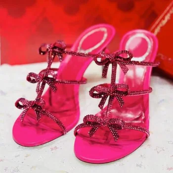 Роскошные босоножки на высоком каблуке с хрустальной бабочкой, с открытым носком, без застежки, со стразами, с бабочкой, на тонких каблуках, Обувь для празднования невесты на каблуках