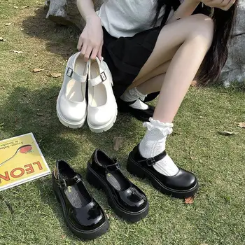 Женская обувь, Новая обувь на толстой подошве, круглый носок, мелкая горловина, Модная женская кожаная обувь Mary Jane с пряжкой, Размеры 34-43