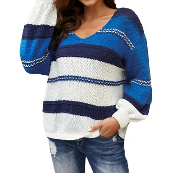 Женский вязаный пуловер в полоску с длинным рукавом, повседневный свитер, женские свитера, женские пуловеры, свитера с карманами