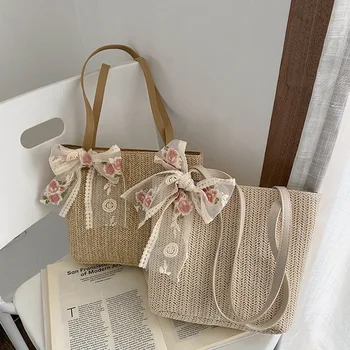 Винтажная женская тканая сумка через плечо, однотонные сумки с кружевной лентой, плетеная соломенная сумка в стиле бохо для летнего пляжа, бежевые сумки с ручкой