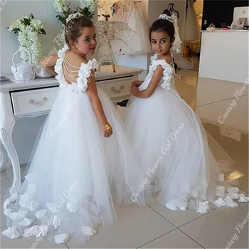 Белое платье для первого причастия цвета слоновой кости для девочек, кружевные платья с 3D цветами для младенцев и малышей, нарядные платья для девочек-цветочниц для свадеб и вечеринок