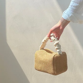 Летняя соломенная сумка для женщин, новинка 2023 года, Ретро-складка, контрастный цвет, портативная квадратная сумка, универсальная сумка с косым крестом, сумка Tide