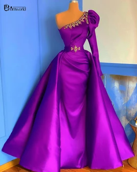 Фиолетовые платья для выпускного вечера, Мусульманское Вечернее платье, Съемный Кристалл, Атлас, Арабский Дубай, Вечернее платье Русалки с длинным рукавом, Vestidos