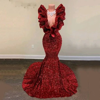 Блестящие Темно-красные платья с пайетками в Африканском стиле для выпускного вечера, сексуальное платье русалки с V-образным вырезом, платье для вечеринки в честь дня рождения, платья для свадебного приема