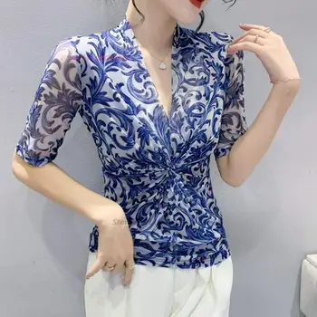 2023 китайская традиционная футболка с национальным цветочным принтом, сетчатая рубашка с v-образным вырезом, винтажные топы hanfu, костюм oriental tang, базовая рубашка в стиле ретро
