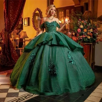 Блестящее бальное платье цвета Хантер Грин, пышные платья 2023 с цветочными аппликациями, расшитыми бисером, платья Sweet 16 для свадебной вечеринки