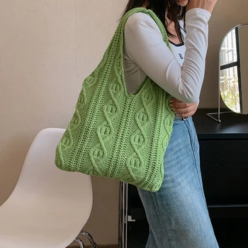 Шерстяная вязаная сумочка Повседневная сумка через плечо крючком для женщин 2023 года, большая вместительная сумка для покупок в японском стиле, женская дорожная сумка-тоут