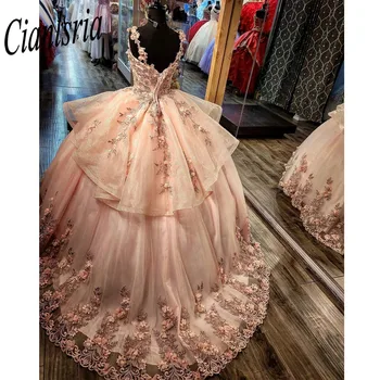 Пышные платья принцессы, бальное платье принцессы с 3D цветами, платье для дня рождения, тюлевое кружевное платье Sweet 16, платья vestidos de 15