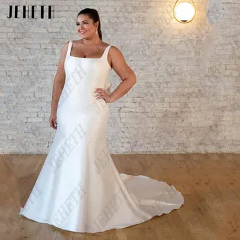 Элегантные свадебные платья JEHETH большого размера с квадратным воротником, без рукавов, платья невесты, атласные платья со шлейфом в виде Русалки, Vestidos de novia