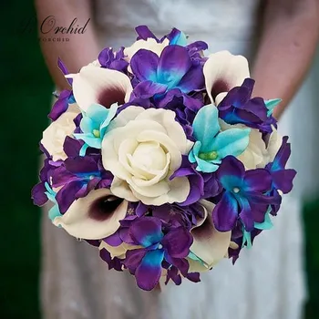 Свадебные букеты PEORCHID Blue Galaxy Aqua Orchid Искусственный цветок Калла Лилия фиолетового цвета на ощупь Свадебный одноразовый букет