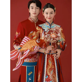 Платья для невесты, свадебный китайский стиль, чонсам, скромная вышивка, винно-красное мягкое длинное платье с драконом и фениксом с коротким рукавом.