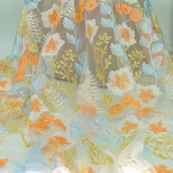 Оранжевые и белые цветы С объемной вышивкой, полупрозрачная декоративная ткань, ткань для юбки Чонсам в китайском стиле Hanfu