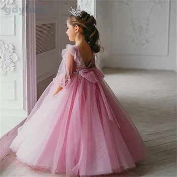 Платья с цветочным узором для девочек, пышное розовое бальное платье для девочек, тюлевое платье с цветочным узором для крещения ребенка, платье для первого причастия, свадебное платье с бантом для девочек