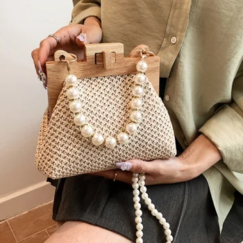 Модная плетеная соломенная сумка через плечо для женщин, летняя деревянная сумка-клипса с верхней ручкой, Роскошные дизайнерские сумки, трендовая женская сумка