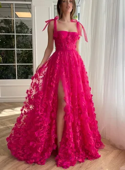 18003 # Розово-красное платье трапециевидной формы без рукавов с бантом, кружевное платье с цветочным узором, сексуальные Длинные платья с разрезом по ногам, Вечернее вечернее платье для женщин