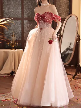 Милое элегантное свадебное платье с блестками на одно плечо, Тонкая талия, бальное платье для выпускного вечера, Сетчатое вечернее платье на шнуровке с многоуровневой шнуровкой