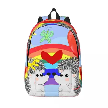 Два влюбленных милых ежика рядом с радужным рюкзаком унисекс, дорожная сумка, школьный ранец, сумка для книг Mochila