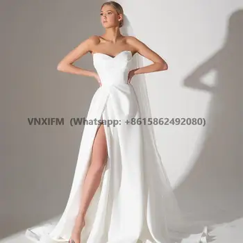 Свадебное платье из атласа с разрезом сбоку, трапециевидной формы, длиной до пола, Robe De Mariee, белое, простое, элегантное, со стреловидным шлейфом, без рукавов.