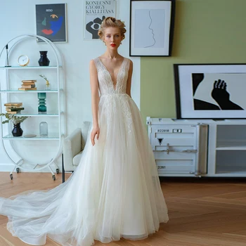 Элегантные свадебные платья трапециевидной формы с глубоким V-образным вырезом, свадебные платья без рукавов из тюля, аппликации, шлейф на пуговицах сзади свадебное платье 2023