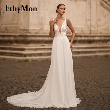 Свадебные платья Ethymon на бретельках, с глубоким V-образным вырезом, без спинки, 2023, шлейф, кружевные аппликации на заказ, Vestido De Casamento