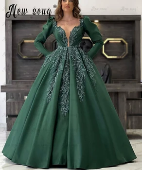 Мусульманское зеленое платье для выпускного вечера с кружевной аппликацией, платья принцессы с глубоким вырезом, бальное платье Sweet 16 Vestidos De 15 Años, вечернее платье